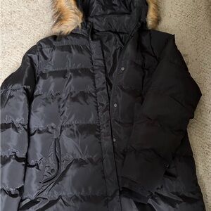 Black Puffer Jacket with Faux Fur Hood